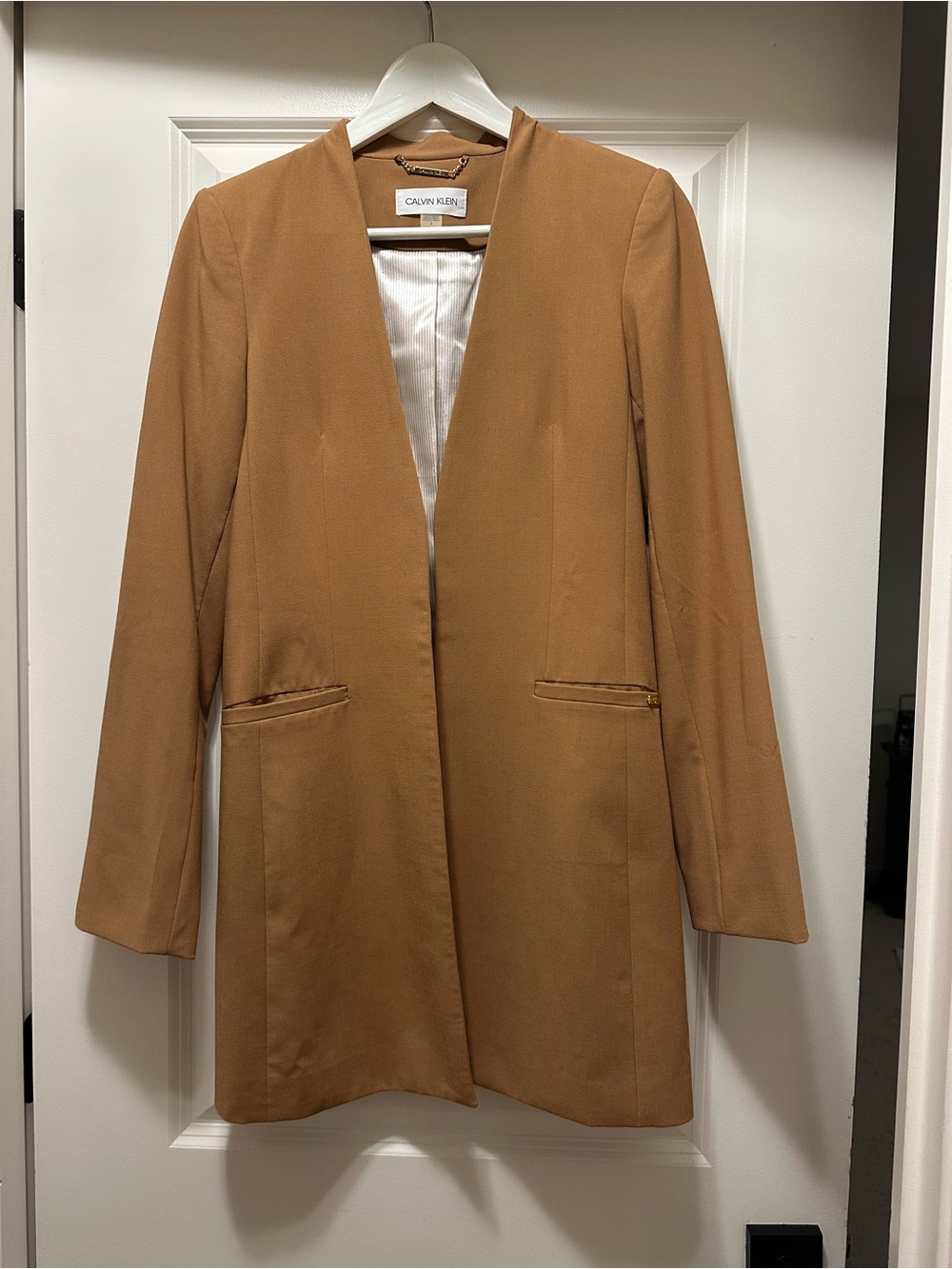 Calvin Klein Camel Open-Front Long Blazer Jacket